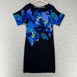 Tahari Arthur S. Levine Dress Womens 2 Black Blue Floral Short Sleeve Shift